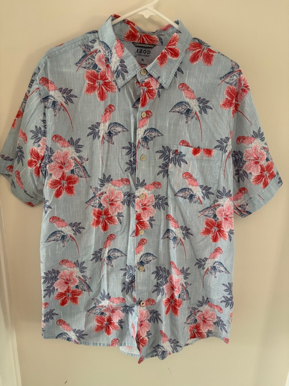 Izod Men’s Light Blue Hawaiian Floral Short Sleeve Shirt - Red Floral